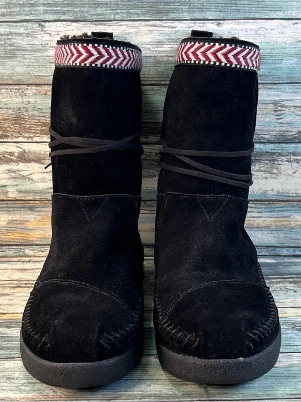 TOMS Nepal Mid Calf Boots Womens 7.5 Black Suede Pull On Faux Fur Boho Comfort